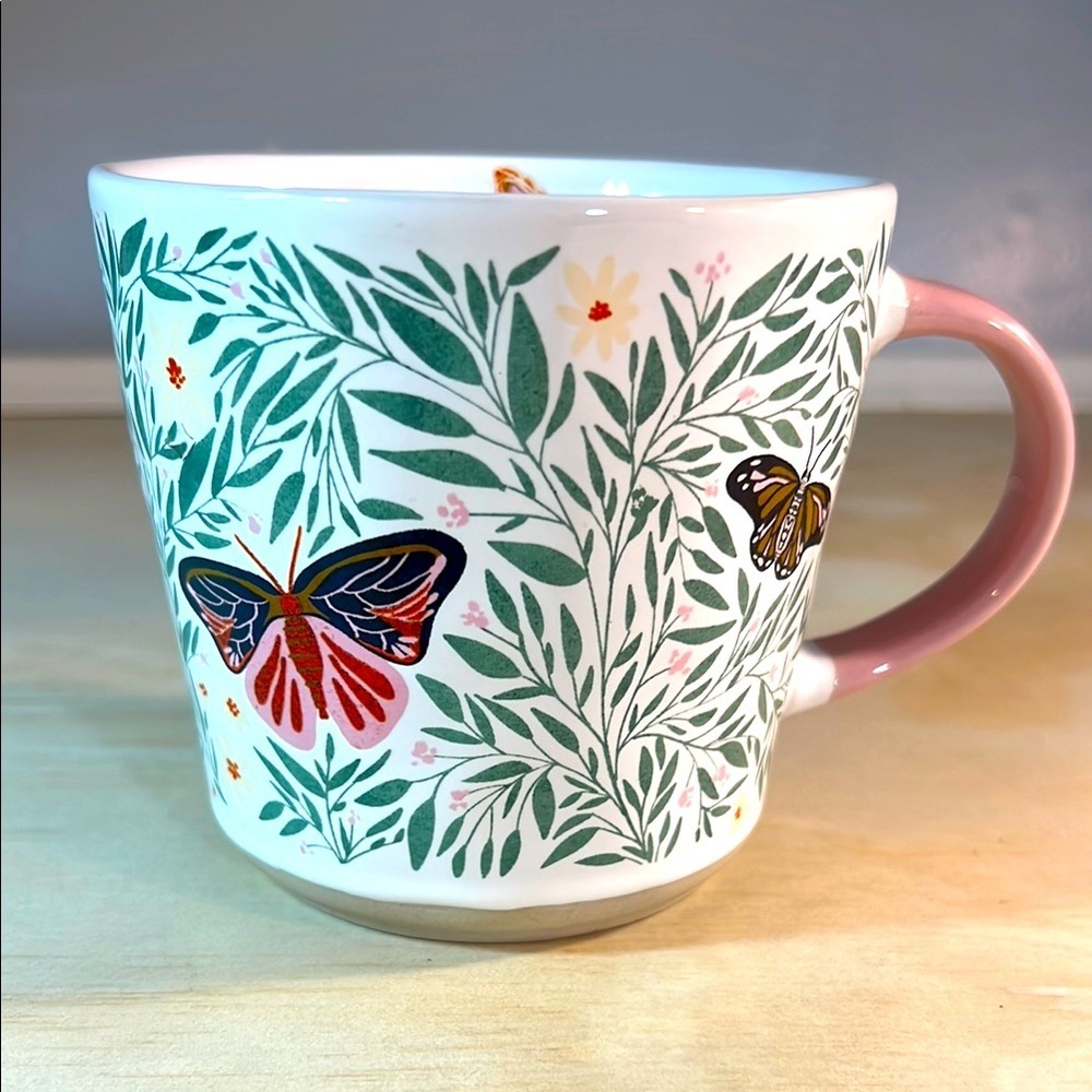 Floral Butterfly Mug with Pink Handle